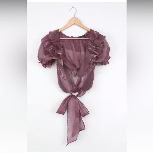 Lulus Master of Style Mauve Purple Puff Sleeve Cropped Wrap Top - Picture 6 of 9